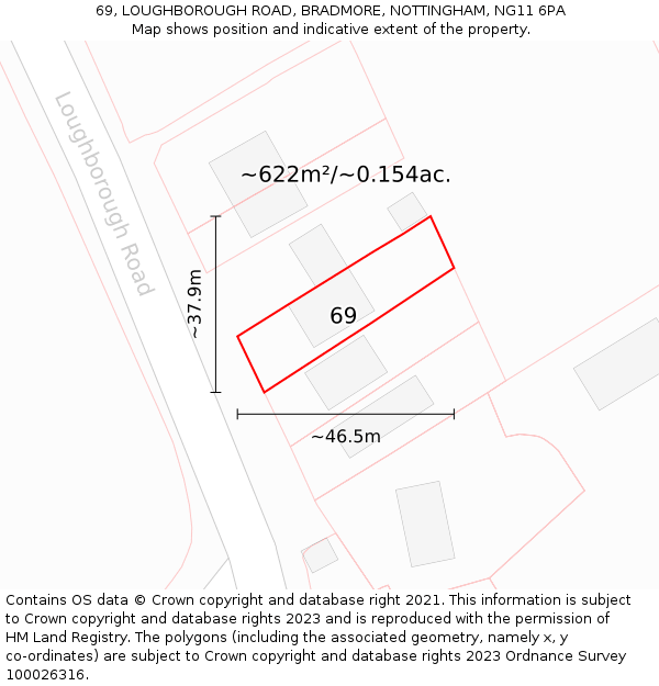 69, LOUGHBOROUGH ROAD, BRADMORE, NOTTINGHAM, NG11 6PA: Plot and title map