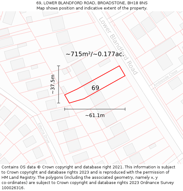 69, LOWER BLANDFORD ROAD, BROADSTONE, BH18 8NS: Plot and title map