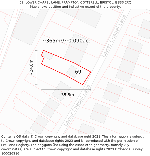 69, LOWER CHAPEL LANE, FRAMPTON COTTERELL, BRISTOL, BS36 2RQ: Plot and title map