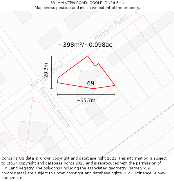 69, MALVERN ROAD, GOOLE, DN14 6HU: Plot and title map