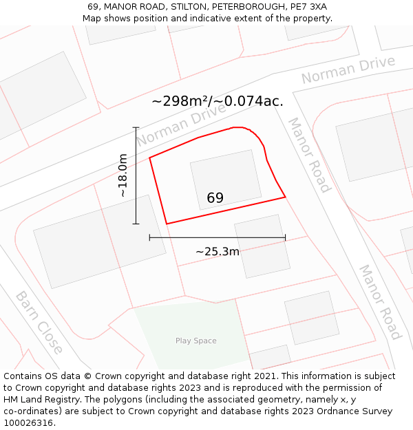 69, MANOR ROAD, STILTON, PETERBOROUGH, PE7 3XA: Plot and title map