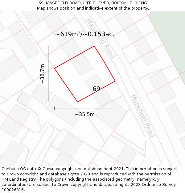 69, MASEFIELD ROAD, LITTLE LEVER, BOLTON, BL3 1NG: Plot and title map