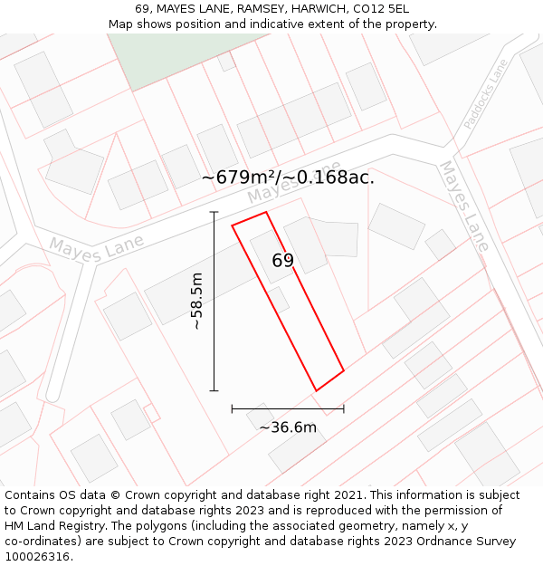 69, MAYES LANE, RAMSEY, HARWICH, CO12 5EL: Plot and title map