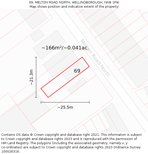 69, MELTON ROAD NORTH, WELLINGBOROUGH, NN8 1PW: Plot and title map