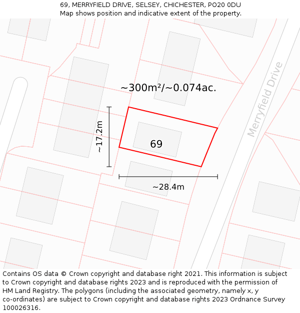 69, MERRYFIELD DRIVE, SELSEY, CHICHESTER, PO20 0DU: Plot and title map