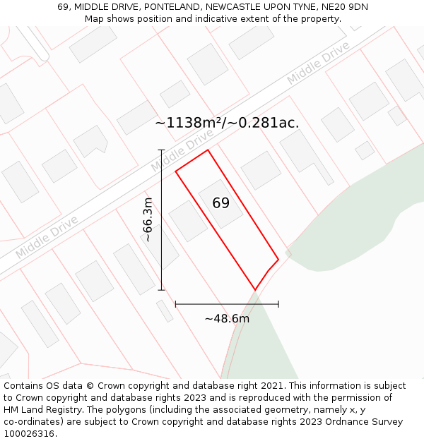 69, MIDDLE DRIVE, PONTELAND, NEWCASTLE UPON TYNE, NE20 9DN: Plot and title map