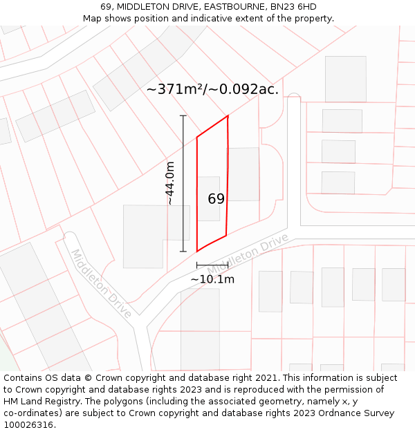 69, MIDDLETON DRIVE, EASTBOURNE, BN23 6HD: Plot and title map