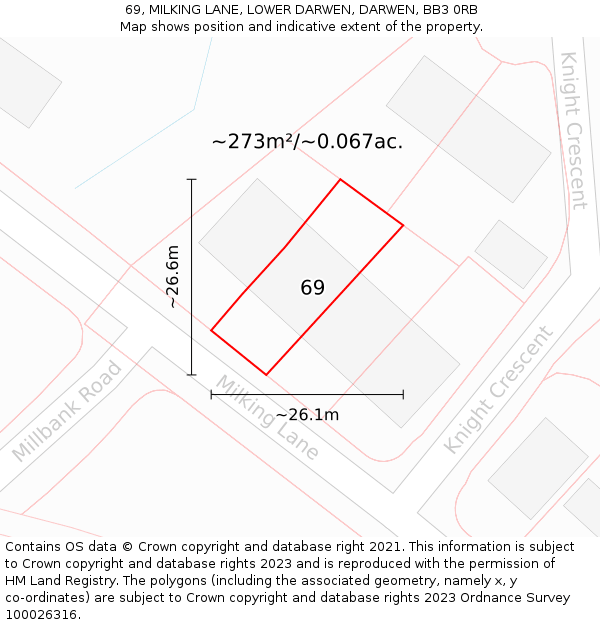 69, MILKING LANE, LOWER DARWEN, DARWEN, BB3 0RB: Plot and title map