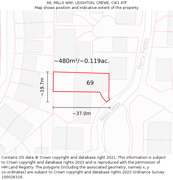 69, MILLS WAY, LEIGHTON, CREWE, CW1 4TF: Plot and title map