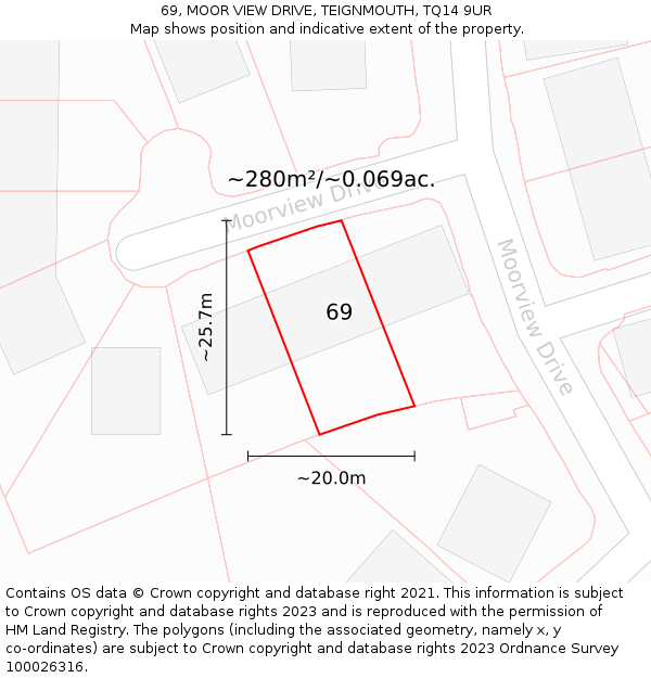 69, MOOR VIEW DRIVE, TEIGNMOUTH, TQ14 9UR: Plot and title map