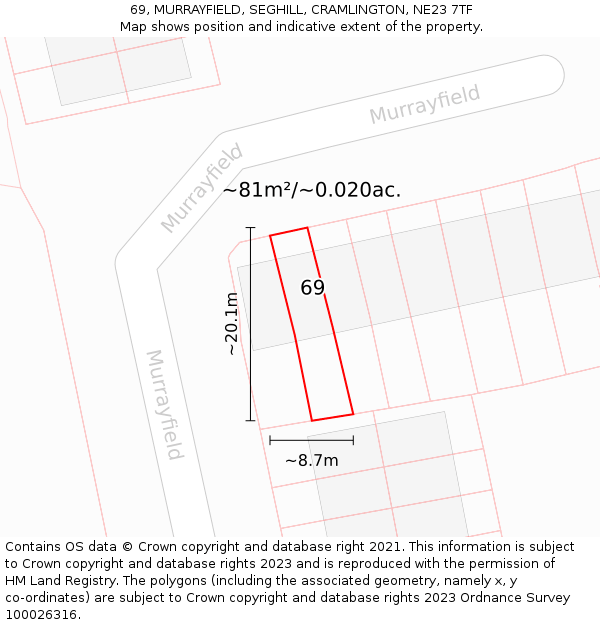 69, MURRAYFIELD, SEGHILL, CRAMLINGTON, NE23 7TF: Plot and title map