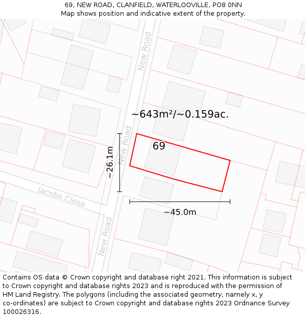 69, NEW ROAD, CLANFIELD, WATERLOOVILLE, PO8 0NN: Plot and title map