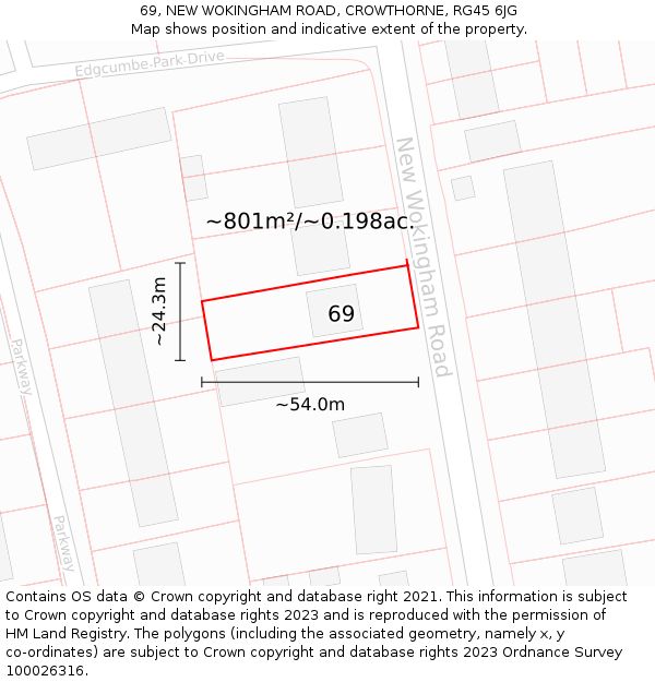 69, NEW WOKINGHAM ROAD, CROWTHORNE, RG45 6JG: Plot and title map