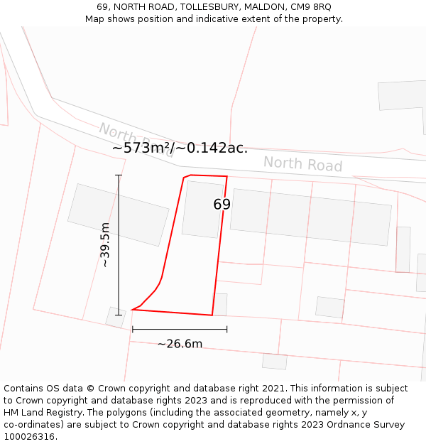 69, NORTH ROAD, TOLLESBURY, MALDON, CM9 8RQ: Plot and title map