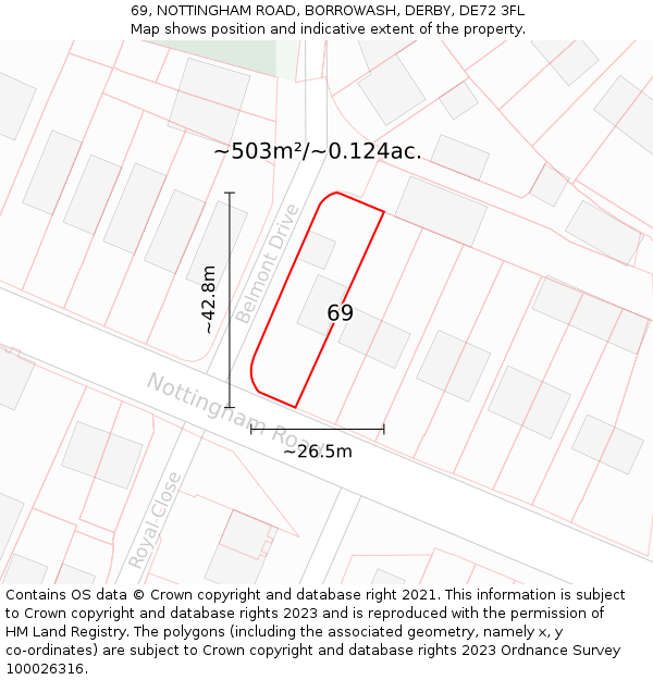 69, NOTTINGHAM ROAD, BORROWASH, DERBY, DE72 3FL: Plot and title map