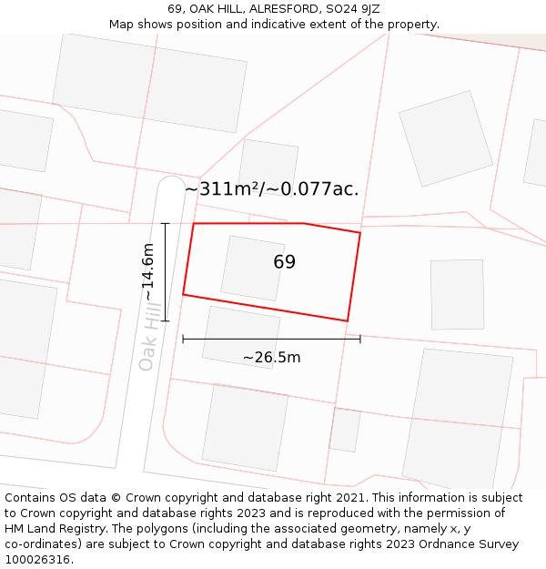 69, OAK HILL, ALRESFORD, SO24 9JZ: Plot and title map