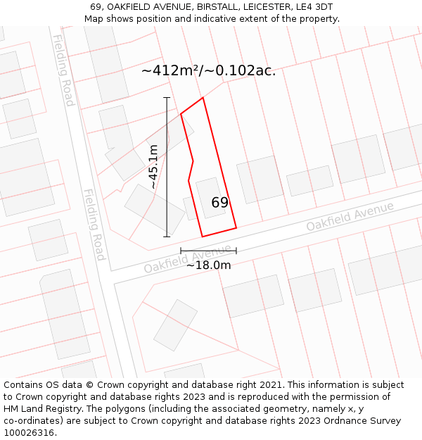 69, OAKFIELD AVENUE, BIRSTALL, LEICESTER, LE4 3DT: Plot and title map