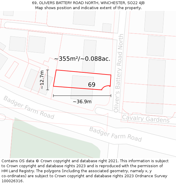 69, OLIVERS BATTERY ROAD NORTH, WINCHESTER, SO22 4JB: Plot and title map