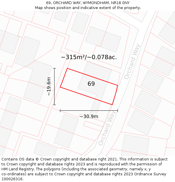 69, ORCHARD WAY, WYMONDHAM, NR18 0NY: Plot and title map