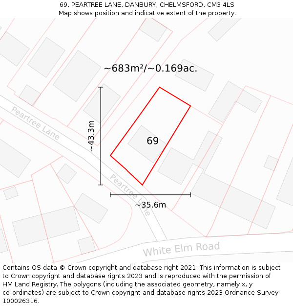 69, PEARTREE LANE, DANBURY, CHELMSFORD, CM3 4LS: Plot and title map