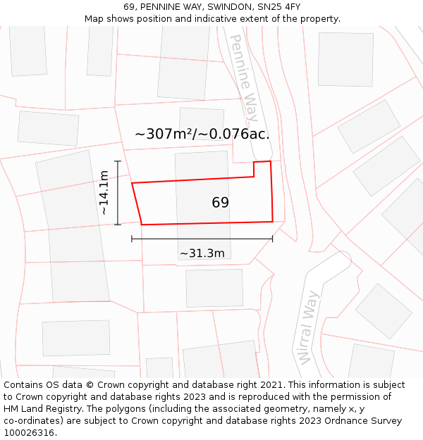 69, PENNINE WAY, SWINDON, SN25 4FY: Plot and title map