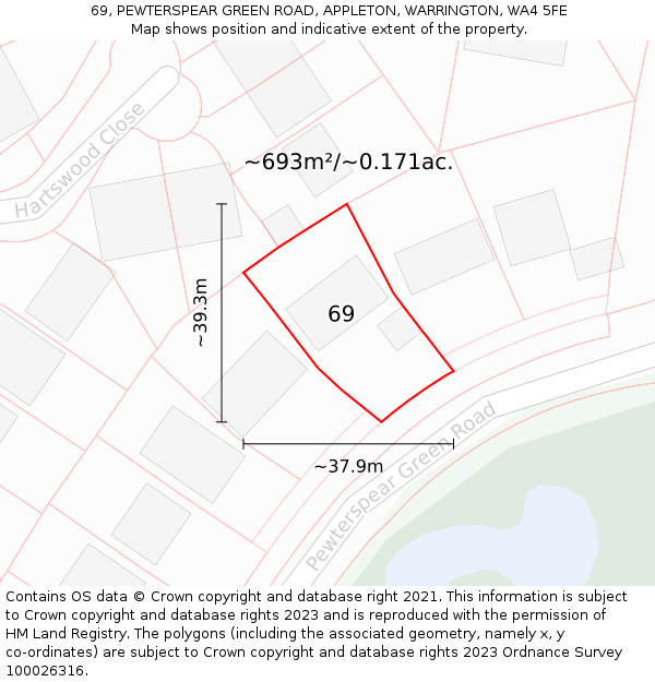 69, PEWTERSPEAR GREEN ROAD, APPLETON, WARRINGTON, WA4 5FE: Plot and title map