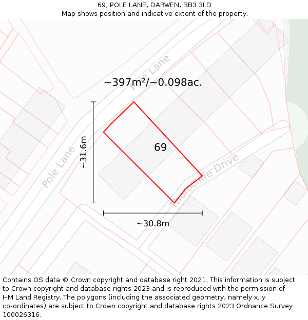 69, POLE LANE, DARWEN, BB3 3LD: Plot and title map