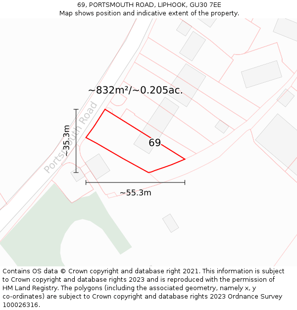 69, PORTSMOUTH ROAD, LIPHOOK, GU30 7EE: Plot and title map