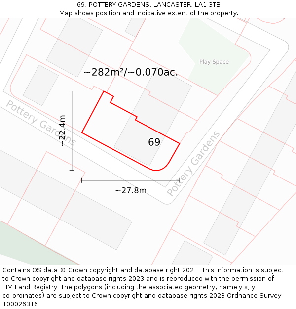 69, POTTERY GARDENS, LANCASTER, LA1 3TB: Plot and title map