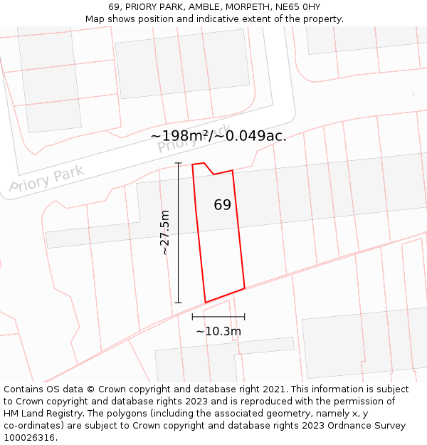 69, PRIORY PARK, AMBLE, MORPETH, NE65 0HY: Plot and title map