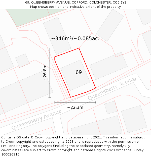 69, QUEENSBERRY AVENUE, COPFORD, COLCHESTER, CO6 1YS: Plot and title map