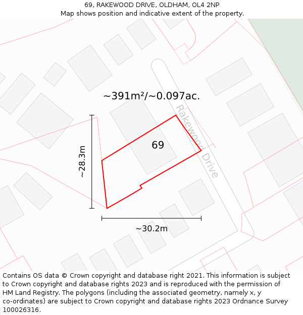 69, RAKEWOOD DRIVE, OLDHAM, OL4 2NP: Plot and title map