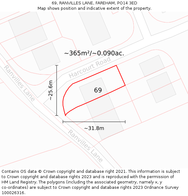 69, RANVILLES LANE, FAREHAM, PO14 3ED: Plot and title map