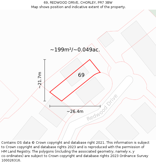 69, REDWOOD DRIVE, CHORLEY, PR7 3BW: Plot and title map