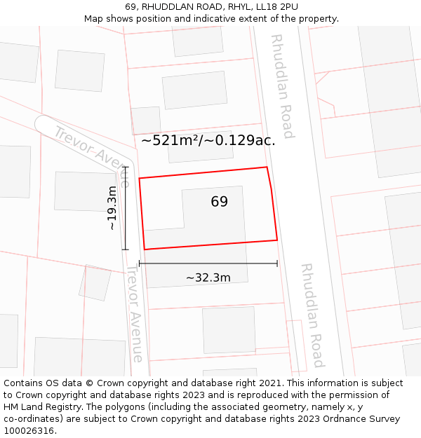 69, RHUDDLAN ROAD, RHYL, LL18 2PU: Plot and title map