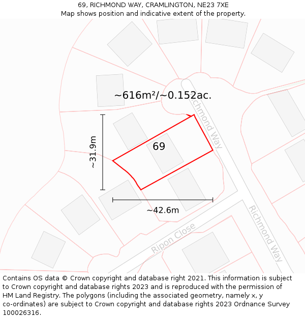 69, RICHMOND WAY, CRAMLINGTON, NE23 7XE: Plot and title map