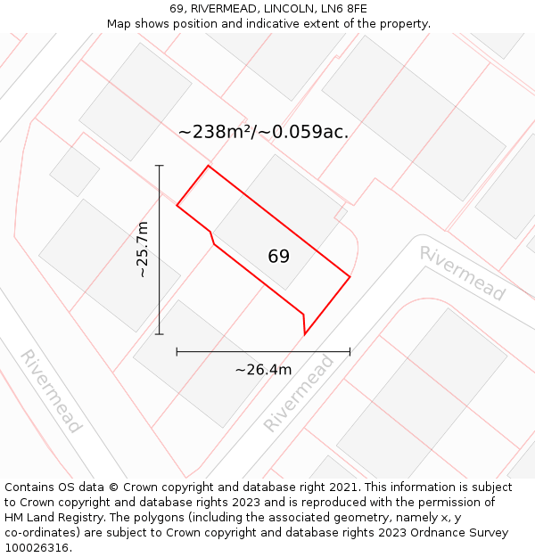 69, RIVERMEAD, LINCOLN, LN6 8FE: Plot and title map