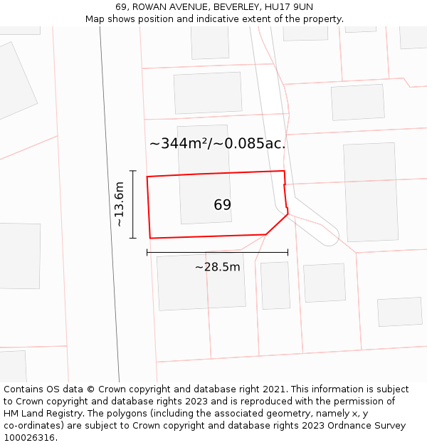 69, ROWAN AVENUE, BEVERLEY, HU17 9UN: Plot and title map