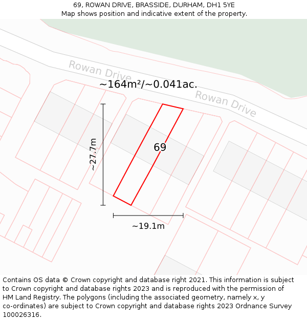 69, ROWAN DRIVE, BRASSIDE, DURHAM, DH1 5YE: Plot and title map