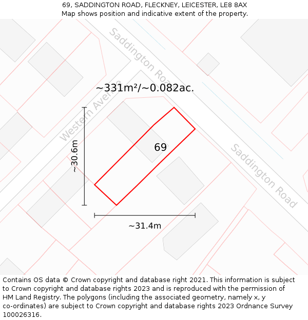 69, SADDINGTON ROAD, FLECKNEY, LEICESTER, LE8 8AX: Plot and title map