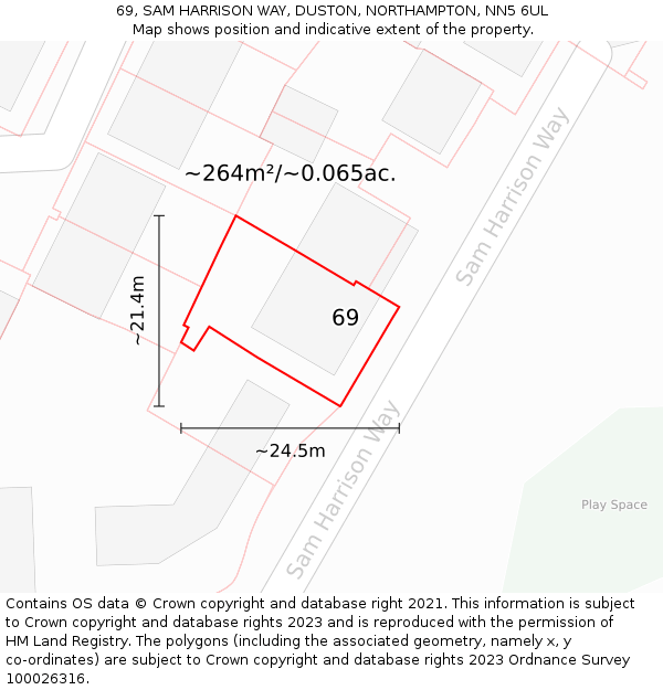 69, SAM HARRISON WAY, DUSTON, NORTHAMPTON, NN5 6UL: Plot and title map