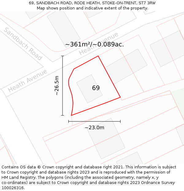 69, SANDBACH ROAD, RODE HEATH, STOKE-ON-TRENT, ST7 3RW: Plot and title map