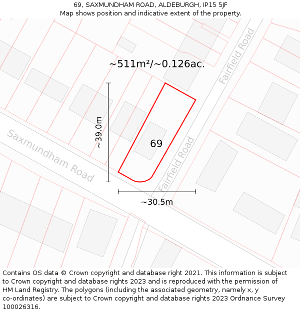 69, SAXMUNDHAM ROAD, ALDEBURGH, IP15 5JF: Plot and title map
