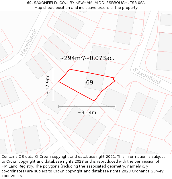 69, SAXONFIELD, COULBY NEWHAM, MIDDLESBROUGH, TS8 0SN: Plot and title map