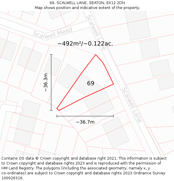 69, SCALWELL LANE, SEATON, EX12 2DN: Plot and title map