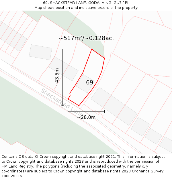 69, SHACKSTEAD LANE, GODALMING, GU7 1RL: Plot and title map