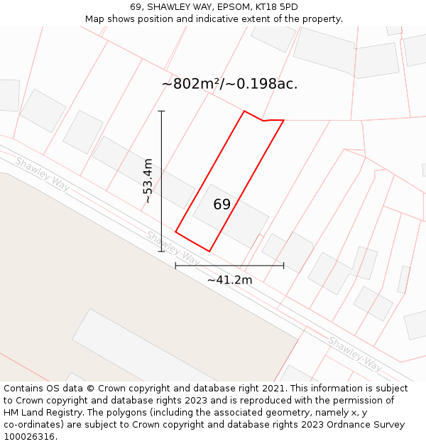 69, SHAWLEY WAY, EPSOM, KT18 5PD: Plot and title map