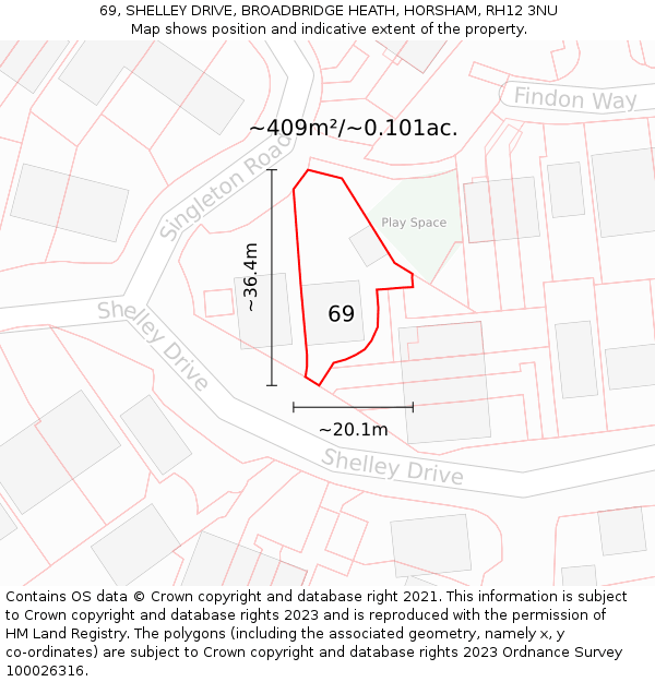 69, SHELLEY DRIVE, BROADBRIDGE HEATH, HORSHAM, RH12 3NU: Plot and title map