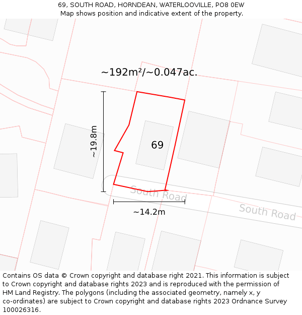 69, SOUTH ROAD, HORNDEAN, WATERLOOVILLE, PO8 0EW: Plot and title map