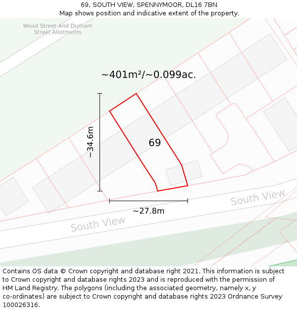 69, SOUTH VIEW, SPENNYMOOR, DL16 7BN: Plot and title map